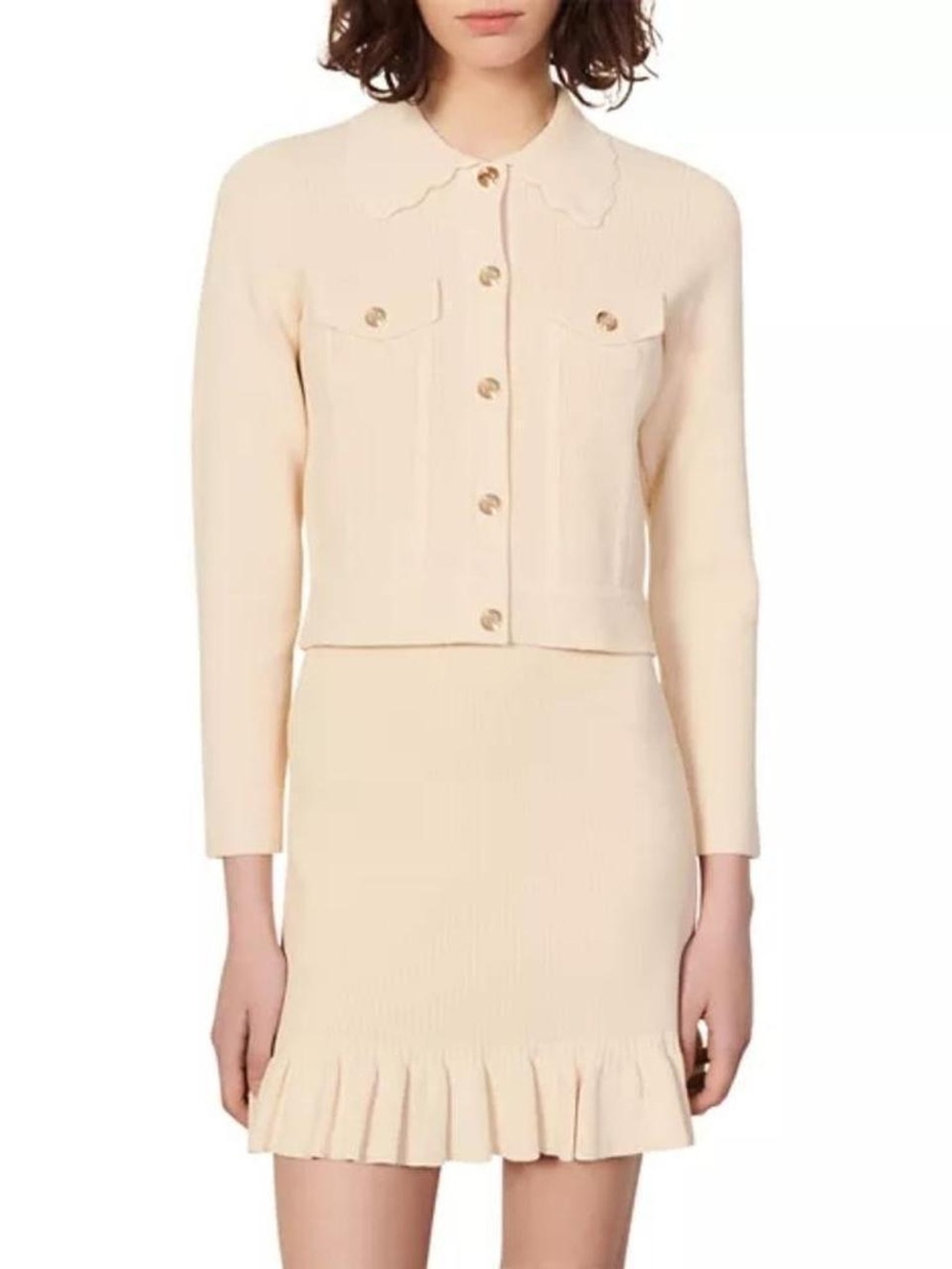 Sandro Paco Cardigan XS Ivory Waffle Knit Scalloped Collar